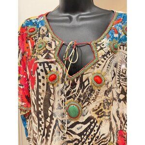Chicos women’s silk tunic top  semi sheer with stone trim  48 chest